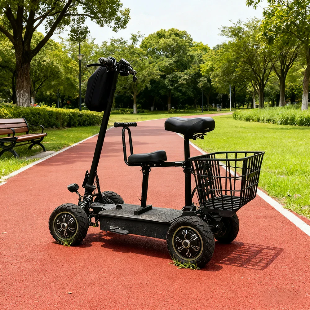 AKEZ 1000W Dual Motor Electric Scooter with Shock-Absorbing Seat & Front Basket, 45¨C55km Range, Foldable All-Terrain Design - Black - Image 2