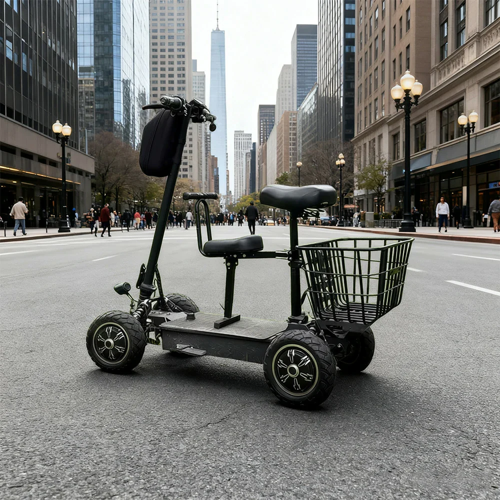 AKEZ 1000W Dual Motor Electric Scooter with Shock-Absorbing Seat & Front Basket, 45¨C55km Range, Foldable All-Terrain Design - Black - Image 4