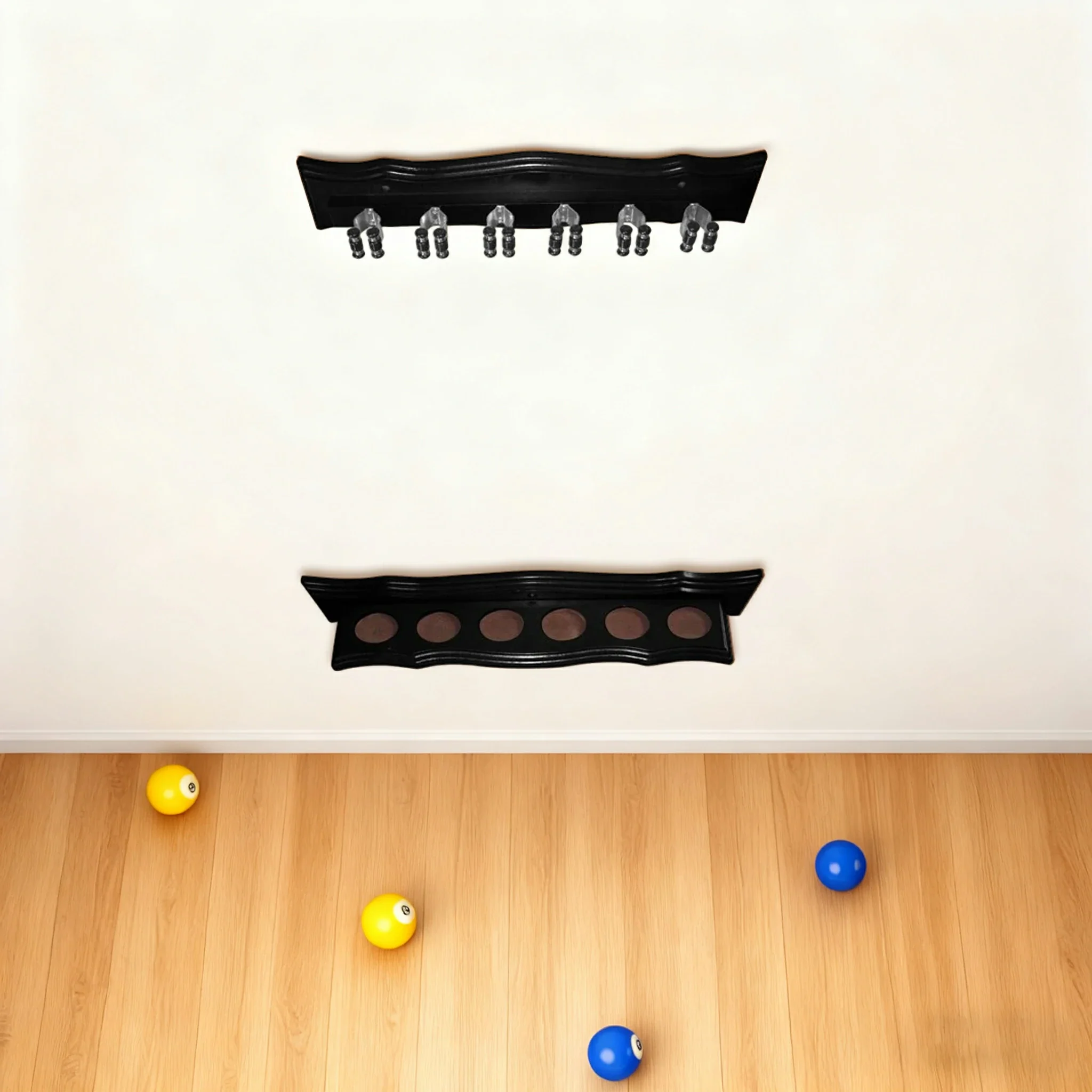 ARIX Deluxe Clip Wall Rack, 6-Cue Wooden Wall-Mounted Holder with Smooth Finish and Secure Cue Clips - Black Wood Tone - Image 2