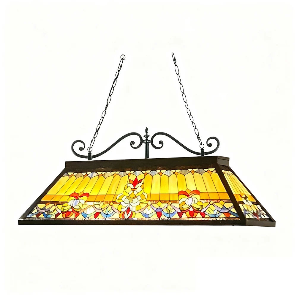 ARIX European Long Billiard Pendant Light - Stained Glass Shade, Handmade Craft, Durable Iron Fittings, E27 Socket, Vintage Pool Table Lighting