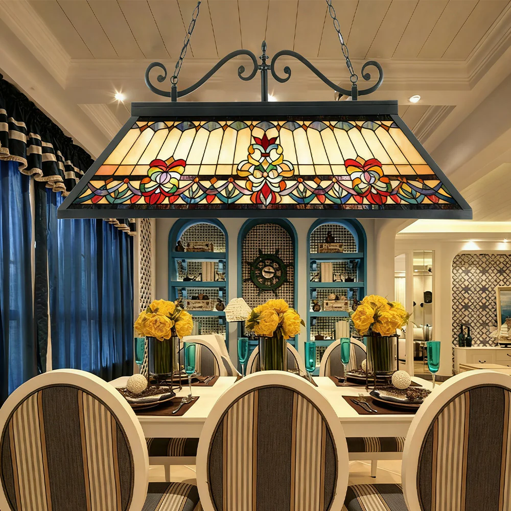 ARIX European Long Billiard Pendant Light - Stained Glass Shade, Handmade Craft, Durable Iron Fittings, E27 Socket, Vintage Pool Table Lighting - Image 2