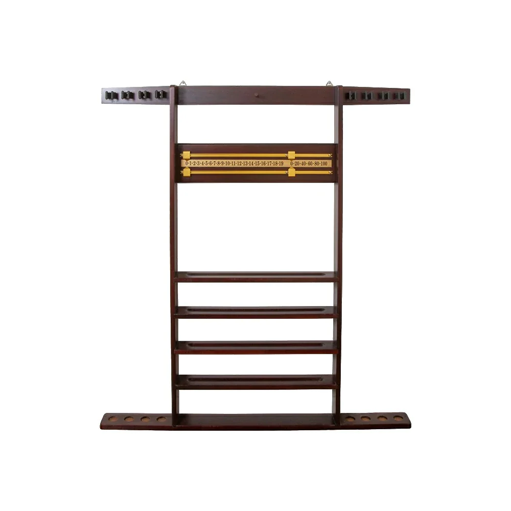 ARIX Wall Cue Rack, 8-Cue Solid Wood Holder with Built-In Scoreboard & Triangle Hook - Cherry Wood Finish