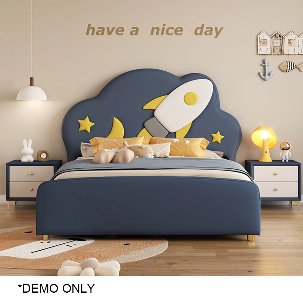 LIVARA Silicone Leather Kids Bed Solid Wood Frame - Dark Blue - Image 3