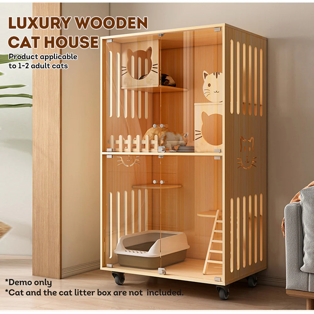 LIVARA Luxury Wooden Cat House Cat Furniture 90cm Length - Wood Color - Image 3
