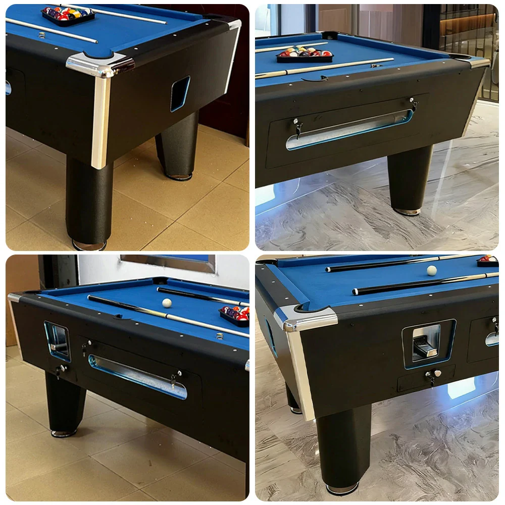 CUETIQ 7FT/8FT Coin-Operated Pool Table – MDF/Marble Top Options, Ball Storage Box, Stable Steel Frame, Black Edge Design - Blue - Image 3