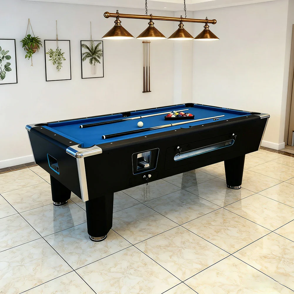 CUETIQ 7FT/8FT Coin-Operated Pool Table – MDF/Marble Top Options, Ball Storage Box, Stable Steel Frame, Black Edge Design - Blue - Image 5