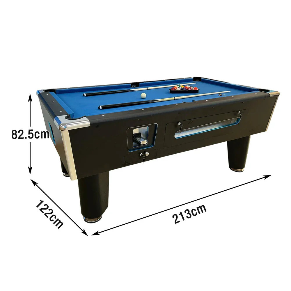 CUETIQ 7FT/8FT Coin-Operated Pool Table – MDF/Marble Top Options, Ball Storage Box, Stable Steel Frame, Black Edge Design - Blue - Image 6
