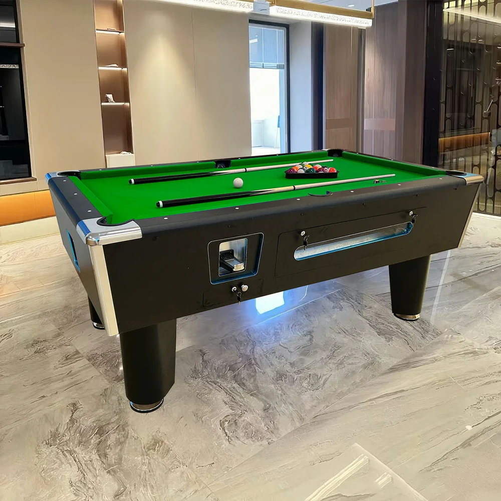 CUETIQ 7FT/8FT Coin-Operated Pool Table – MDF/Marble Top Options, Ball Storage Box, Stable Steel Frame, Black Edge Design - Green - Image 2