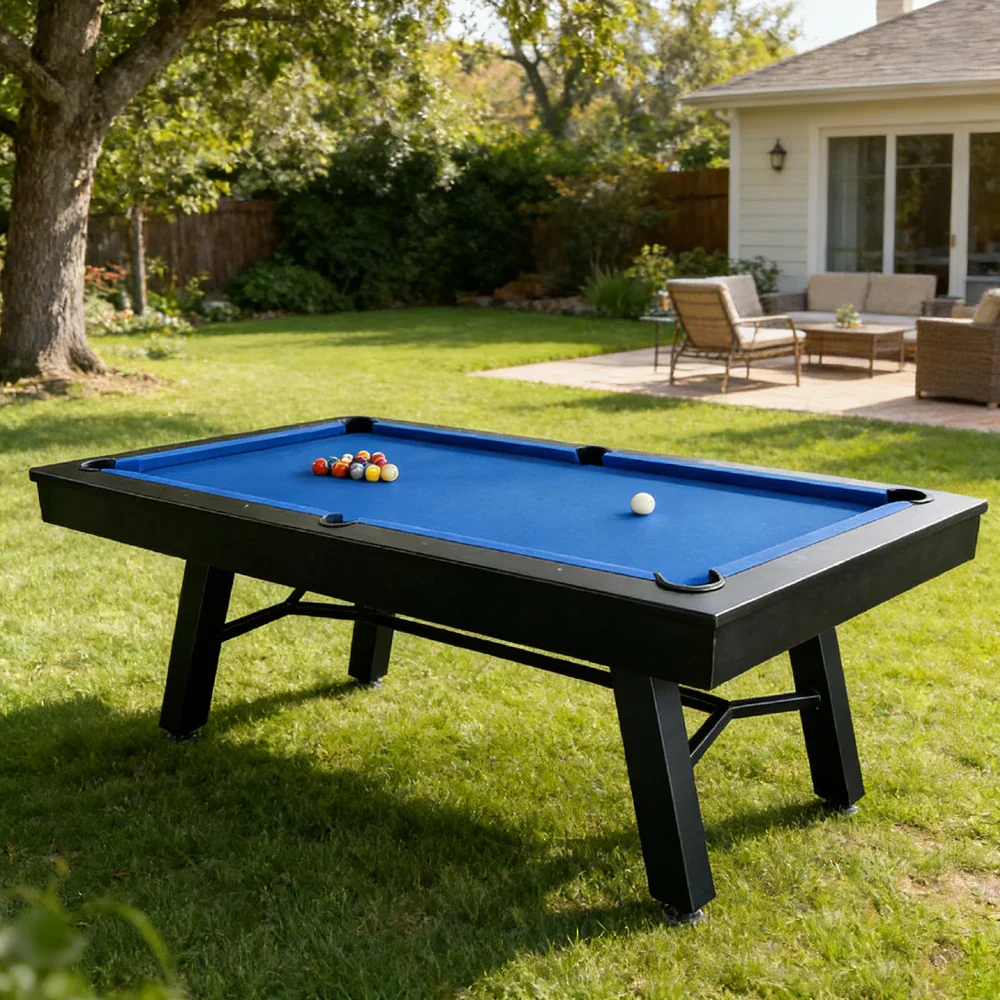 CUETIQ 7FT Outdoor Pool Table - Slanted Leg Design Metal Frame Waterproof Billiard Table for Backyard Patio Games - Black & Blue - Image 4