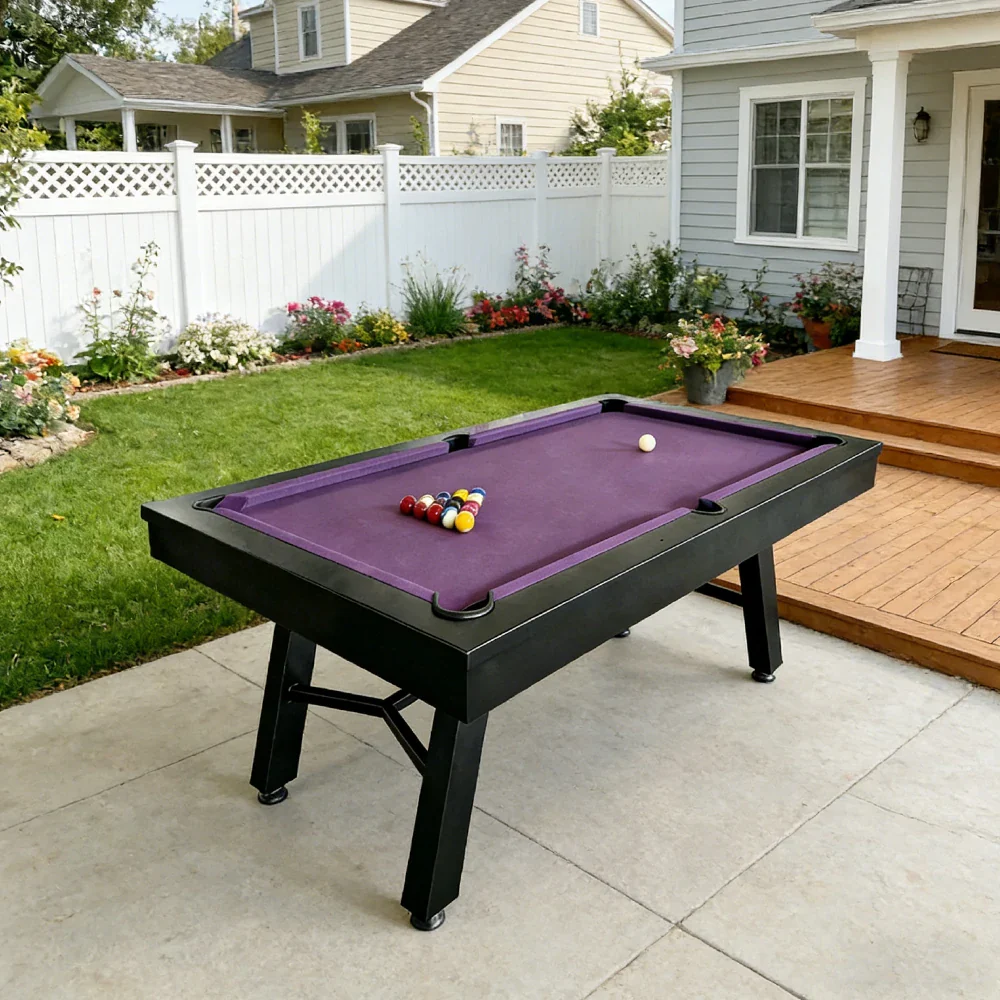 CUETIQ 7FT Outdoor Pool Table - Slanted Leg Design Metal Frame Waterproof Billiard Table for Backyard Patio Games - Black & Purple - Image 4