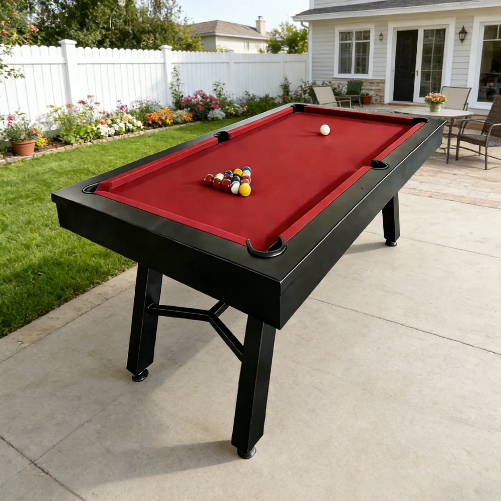 CUETIQ 7FT Outdoor Pool Table - Slanted Leg Design Metal Frame Waterproof Billiard Table for Backyard Patio Games - Black & Red - Image 2