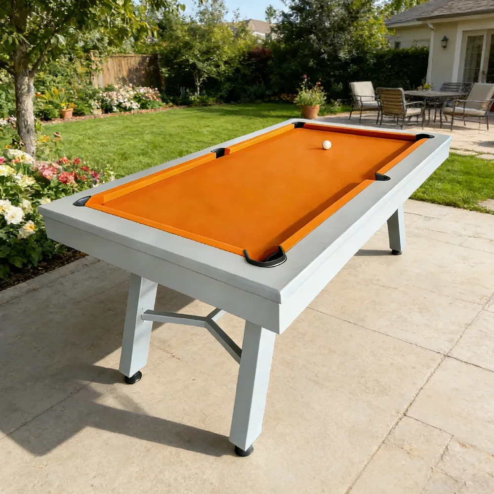 CUETIQ 7FT Outdoor Pool Table - Slanted Leg Design Metal Frame Waterproof Billiard Table for Backyard Patio Games - Grey & Orange - Image 4
