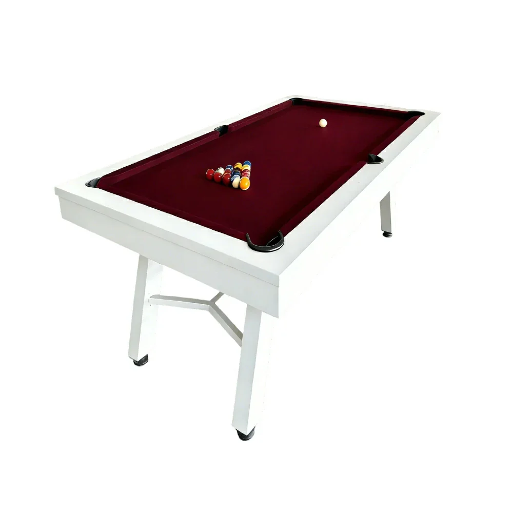 CUETIQ 7FT Outdoor Pool Table - Slanted Leg Design Metal Frame Waterproof Billiard Table for Backyard Patio Games - White & Burgundy