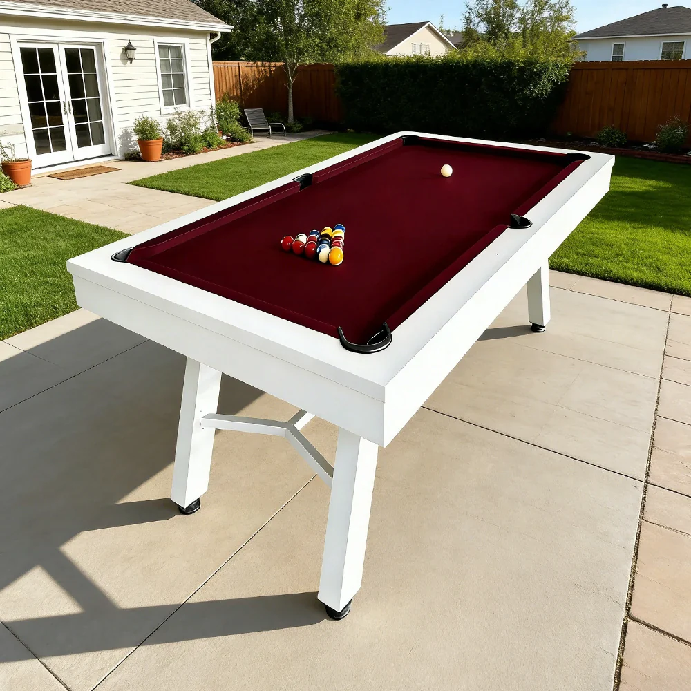 CUETIQ 7FT Outdoor Pool Table - Slanted Leg Design Metal Frame Waterproof Billiard Table for Backyard Patio Games - White & Burgundy - Image 4