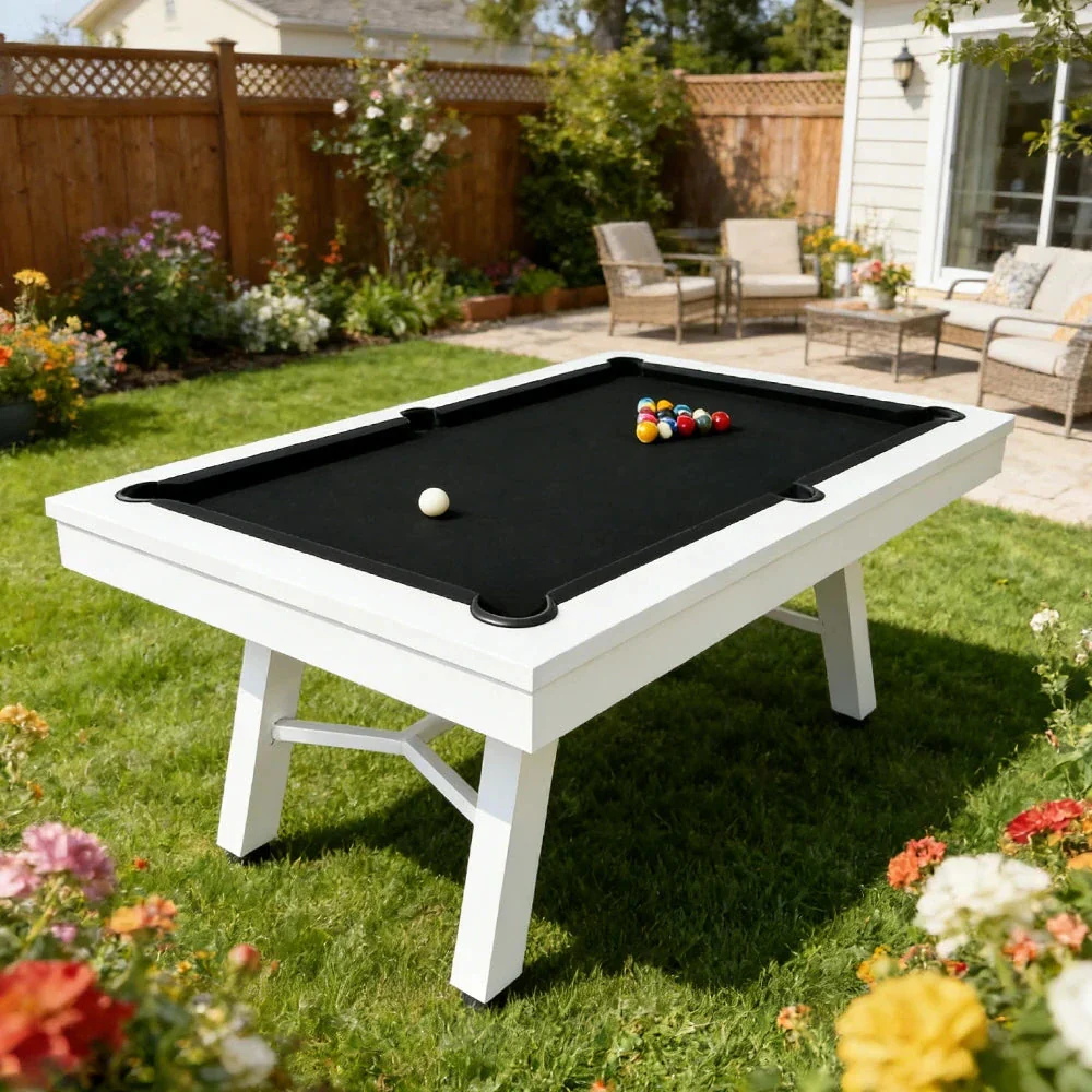 CUETIQ 7FT Outdoor Pool Table - Slanted Leg Design Metal Frame Waterproof Billiard Table for Backyard Patio Games - White & Black - Image 2