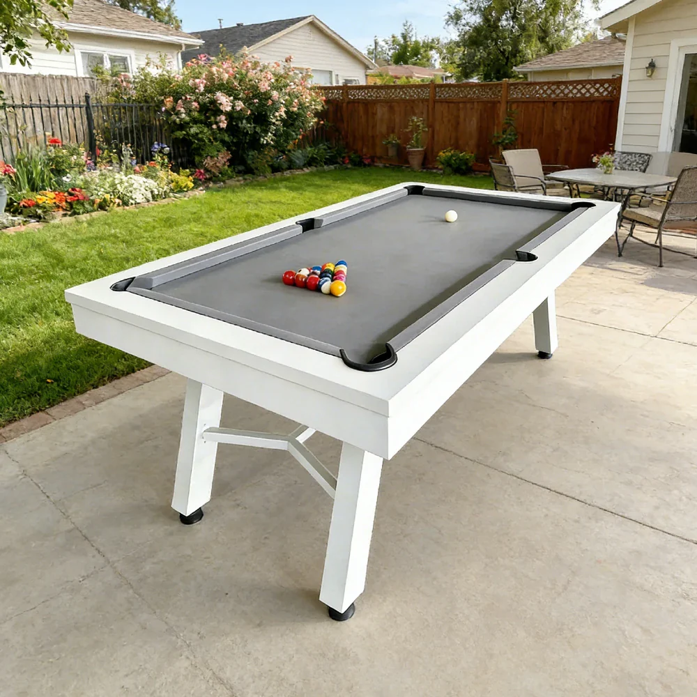 CUETIQ 7FT Outdoor Pool Table - Slanted Leg Design Metal Frame Waterproof Billiard Table for Backyard Patio Games - White & Grey - Image 4