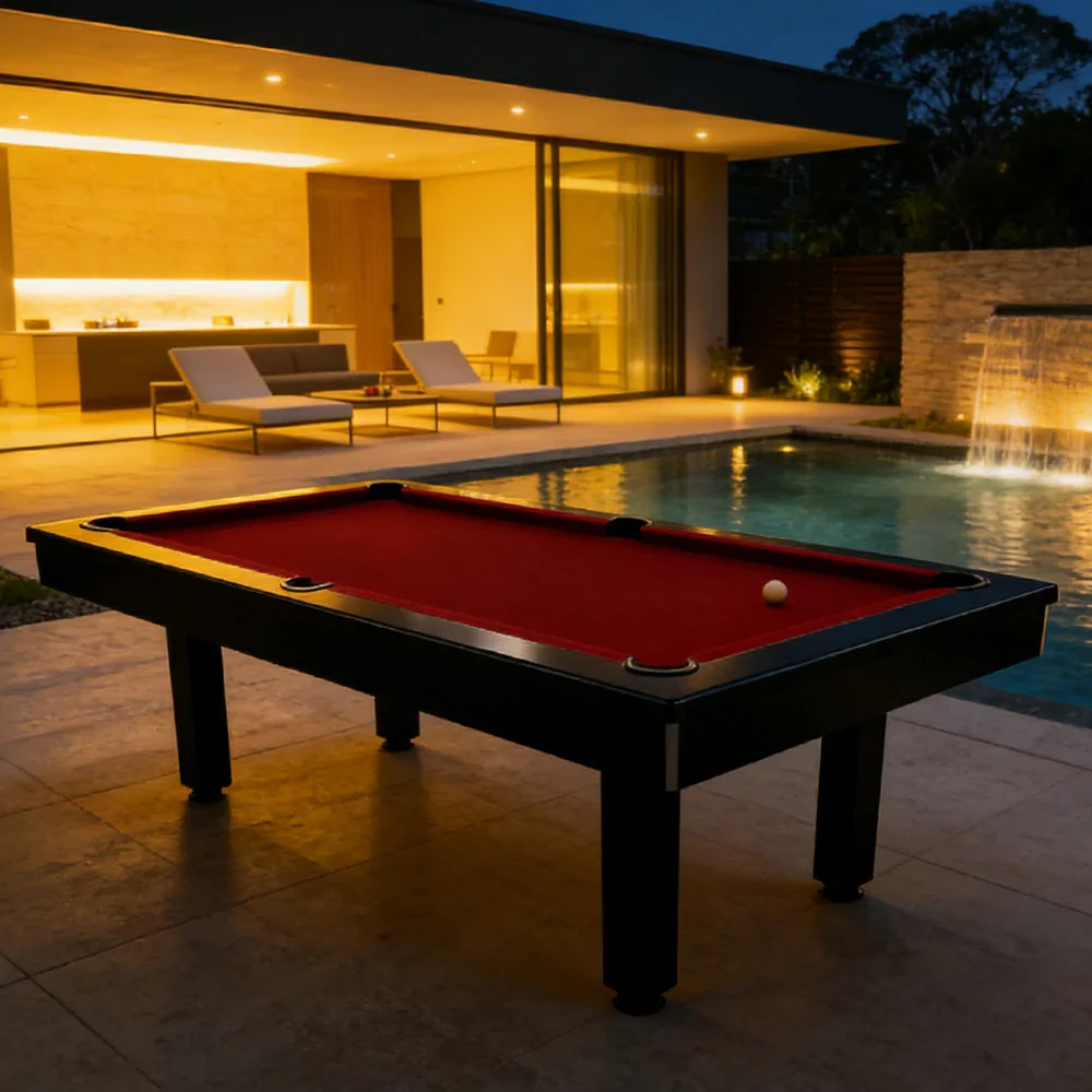 CUETIQ 7FT Outdoor Pool Table - Straight Leg Design Metal Frame Waterproof Billiard Table for Backyard Patio Games - Black & Burgundy - Image 4