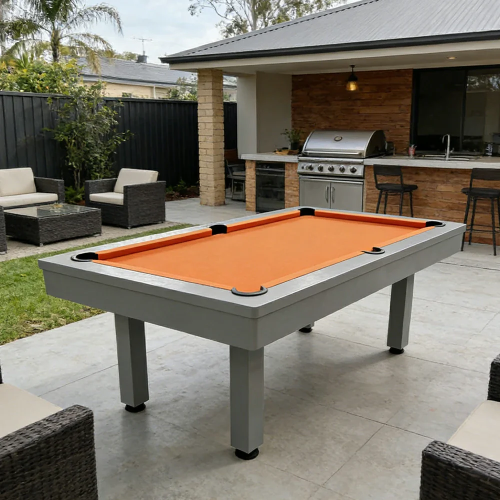 CUETIQ 7FT Outdoor Pool Table - Straight Leg Design Metal Frame Waterproof Billiard Table for Backyard Patio Games - Grey & Orange - Image 2
