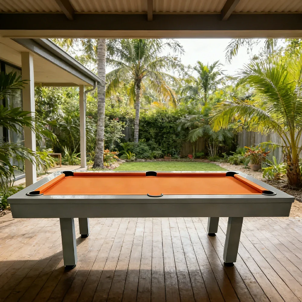 CUETIQ 7FT Outdoor Pool Table - Straight Leg Design Metal Frame Waterproof Billiard Table for Backyard Patio Games - Grey & Orange - Image 4