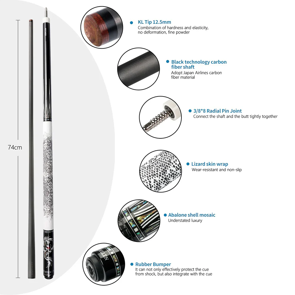 KONLLEN  Premier Professional AING-1WF 18.5-20OZ 2-Piece Pool Cue Ebony Wood 147CM Billiard Cue - White&Black - Image 6