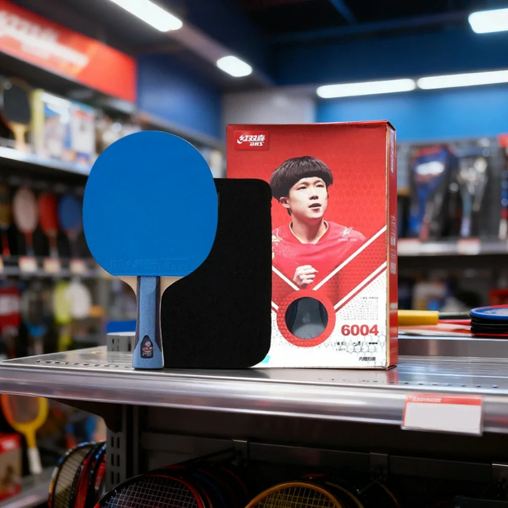 DHS 6-Star Shakehand Table Tennis Paddle - 7-Ply Pure Wood PRO Offensive Blade, Hurricane 3 + Hurricane 9 Spin & Speed - Durable Edge Guard - Blue - Image 2