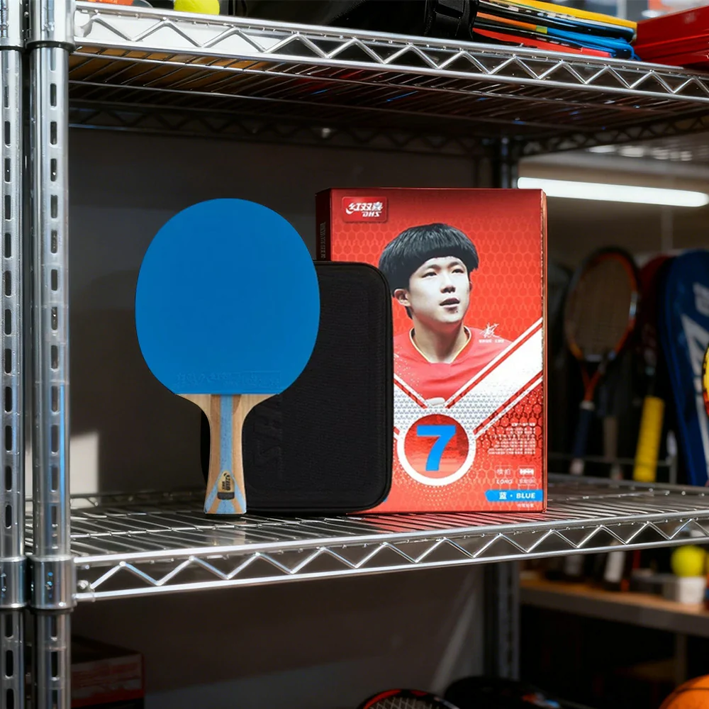DHS 7-Star Shakehand Table Tennis Paddle - 5+2C Wood-Carbon PRO Offensive Blade, Hurricane 3 + Hurricane 9 Spin & Speed - Blue - Image 2