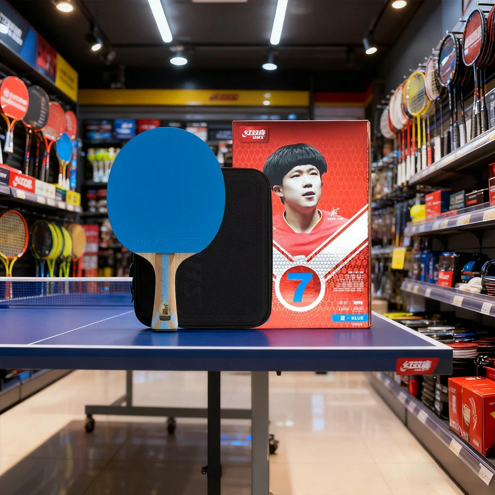 DHS 7-Star Shakehand Table Tennis Paddle - 5+2C Wood-Carbon PRO Offensive Blade, Hurricane 3 + Hurricane 9 Spin & Speed - Blue - Image 4