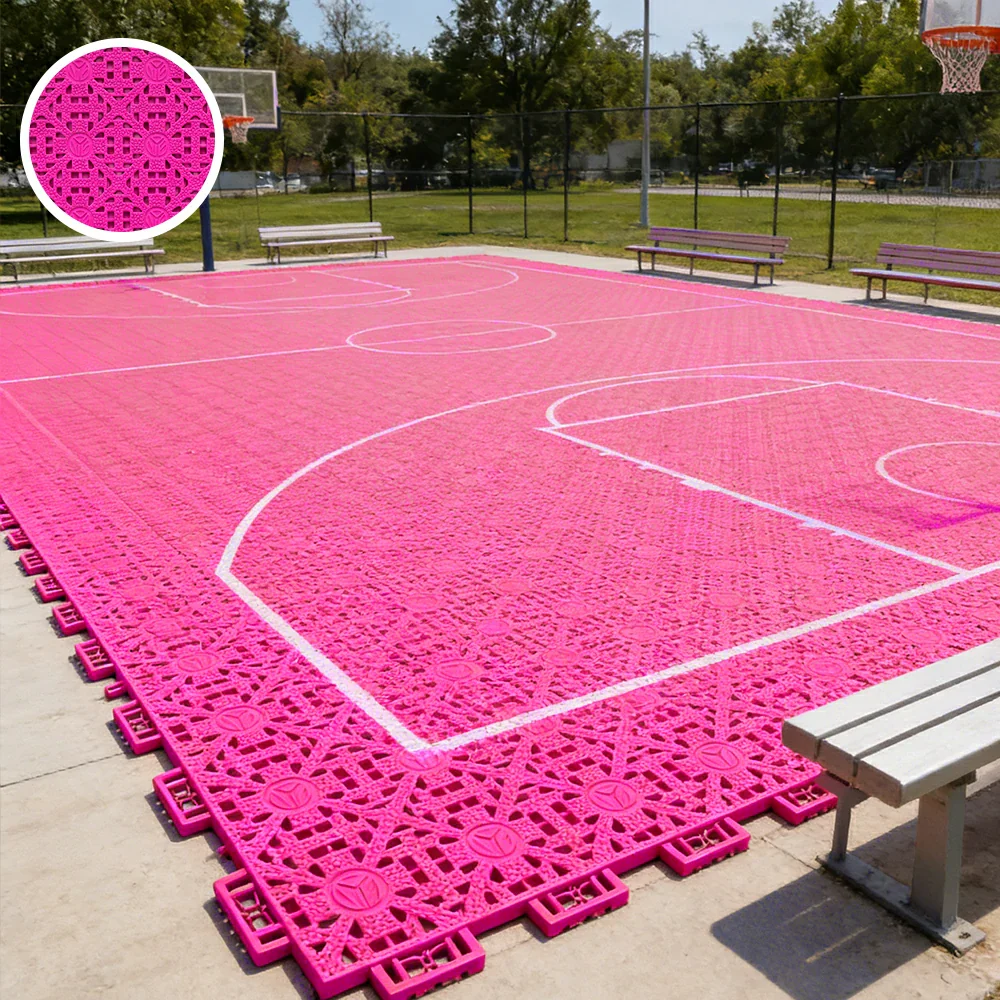 DUNK MASTER Interlocking Sports Floor Tiles - Anti-Slip Shock Absorbing Modular Court Flooring for Basketball Courts 10/20/30 Square Meters - Rose Red - Image 4