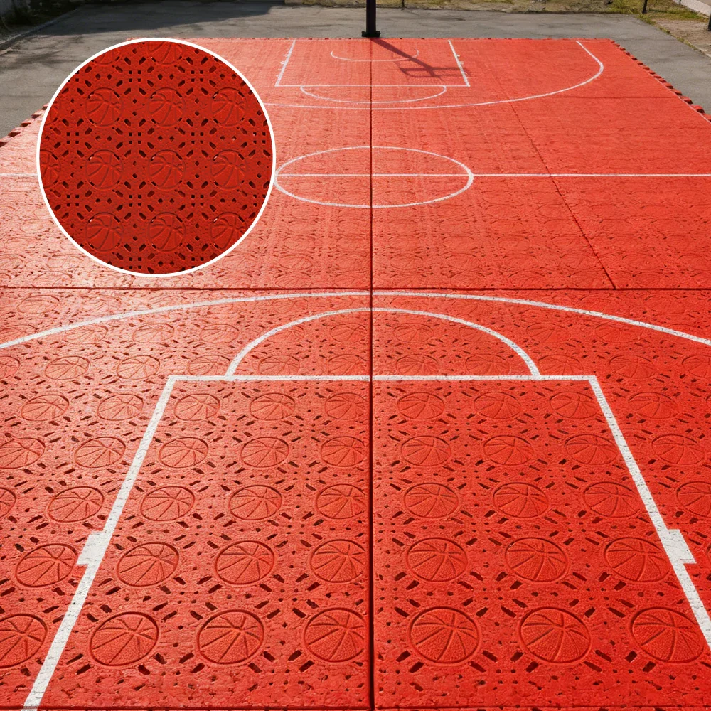 DUNK MASTER Interlocking Sports Floor Tiles - Anti-Slip Shock Absorbing Modular Court Flooring 10/20/30  Square Meters Basketball Court Outdoor Use - Red - Image 4