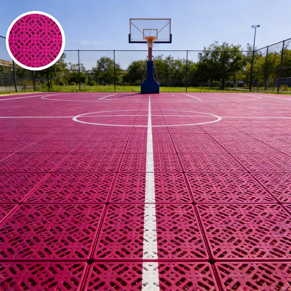 DUNK MASTER Interlocking Sports Floor Tiles - Soft Connection Anti-Slip Court Flooring 34cm Modular Tiles for Basketball Courts 10/20/30 Square Meters - Rose Red - Image 2