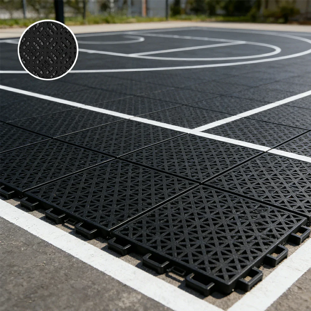 DUNK MASTER Interlocking Sports Floor Tiles - Soft Connection Anti-Slip Court Flooring 34cm Modular Tiles for Basketball Courts 10/20/30 Square Meters - Black - Image 4