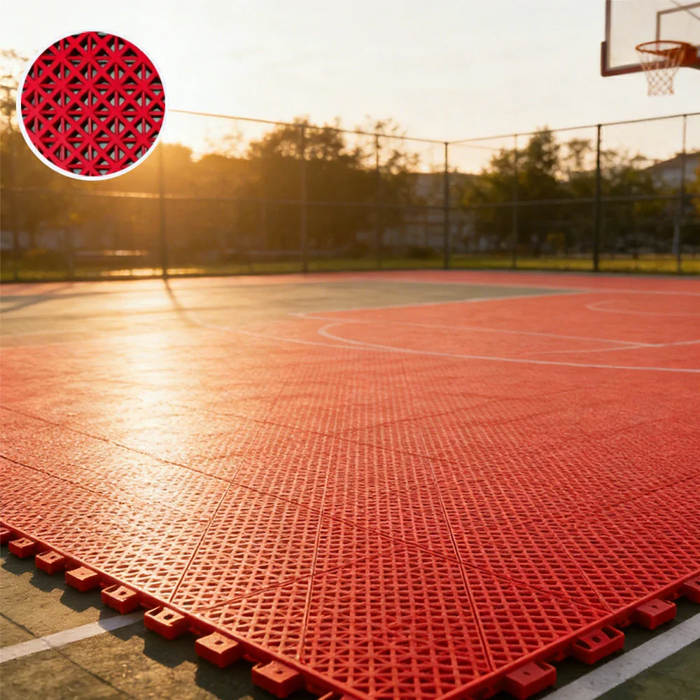 DUNK MASTER Interlocking Sports Floor Tiles - Bamboo Pattern Anti-Slip Court Flooring Modular Tiles for Basketball Courts 10/20/30 Square Meters - Red - Image 4