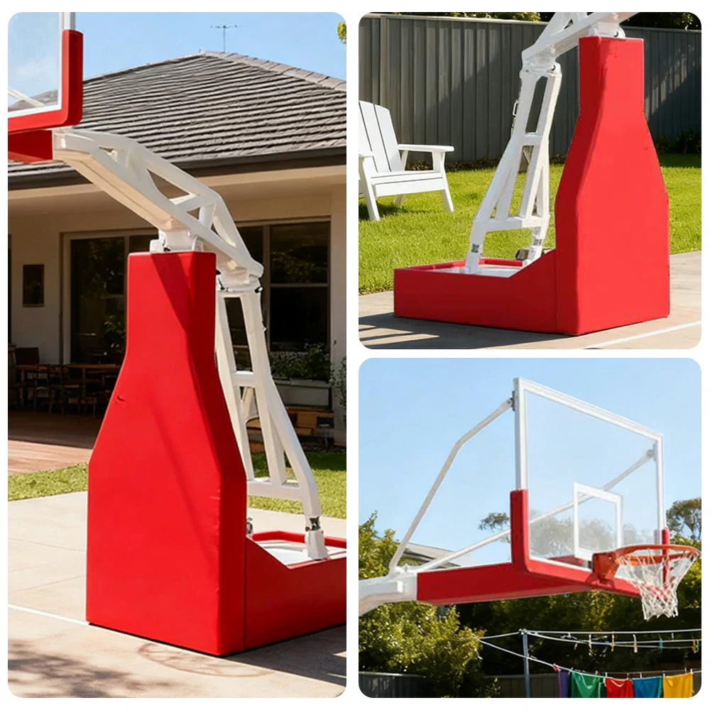 DUNK MASTER Basketball Hoops - Manual Hydraulic Lift, 10mm Tempered Glass Backboard, 3.05m Rim Height, Triple-Spring Rim & Safety Padding - Red - Image 3