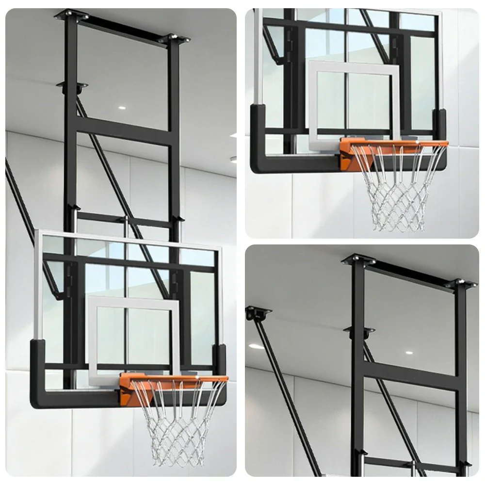 DUNK MASTER Adjustable Ceiling-Mounted Basketball Hoop - 1.2x0.8m Tempered Glass Backboard, Spring Rim, 0.7m Lift, Reinforced Steel, Rust-Resistant - Image 3