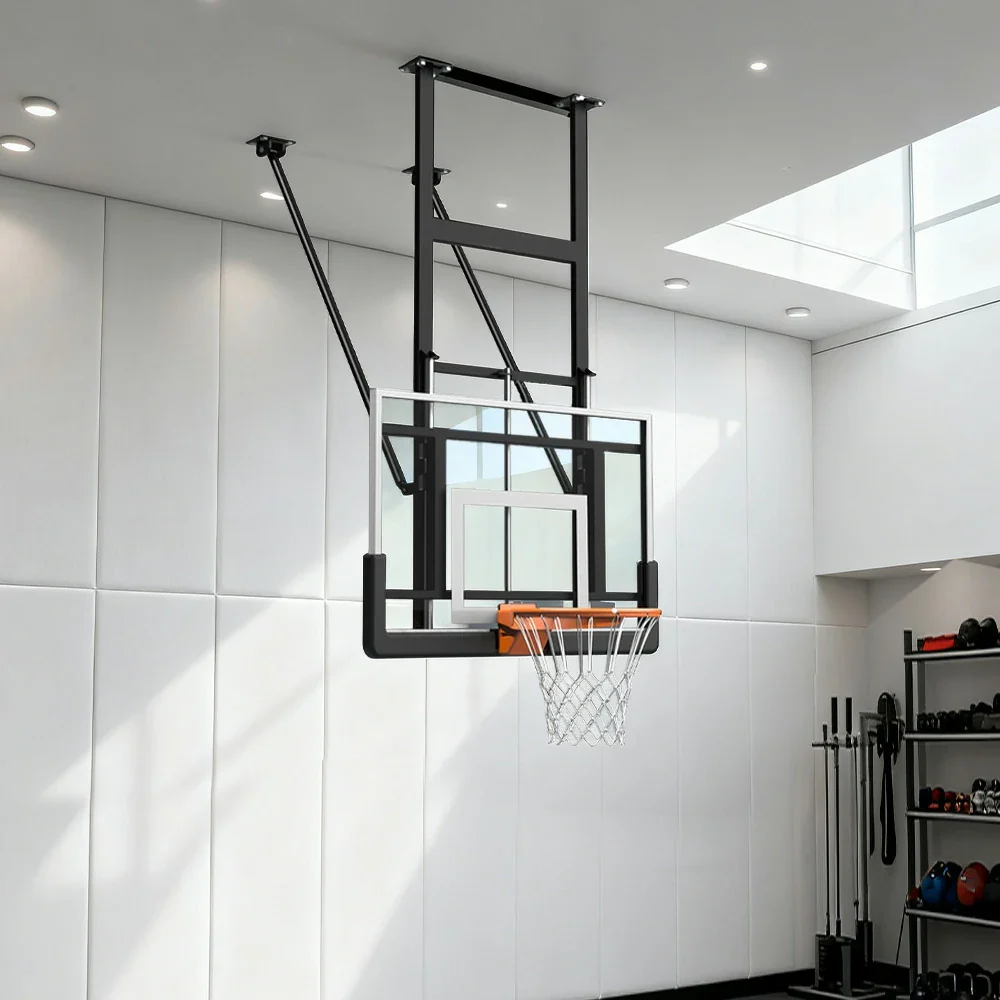 DUNK MASTER Adjustable Ceiling-Mounted Basketball Hoop - 1.2x0.8m Tempered Glass Backboard, Spring Rim, 0.7m Lift, Reinforced Steel, Rust-Resistant - Image 4