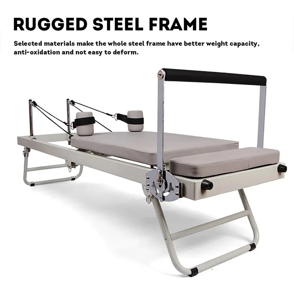 FLEXIO Multi-purpose Foldable Steel Frame Pilates Reformer Pilates Tables - Beige Home Gym - Image 7