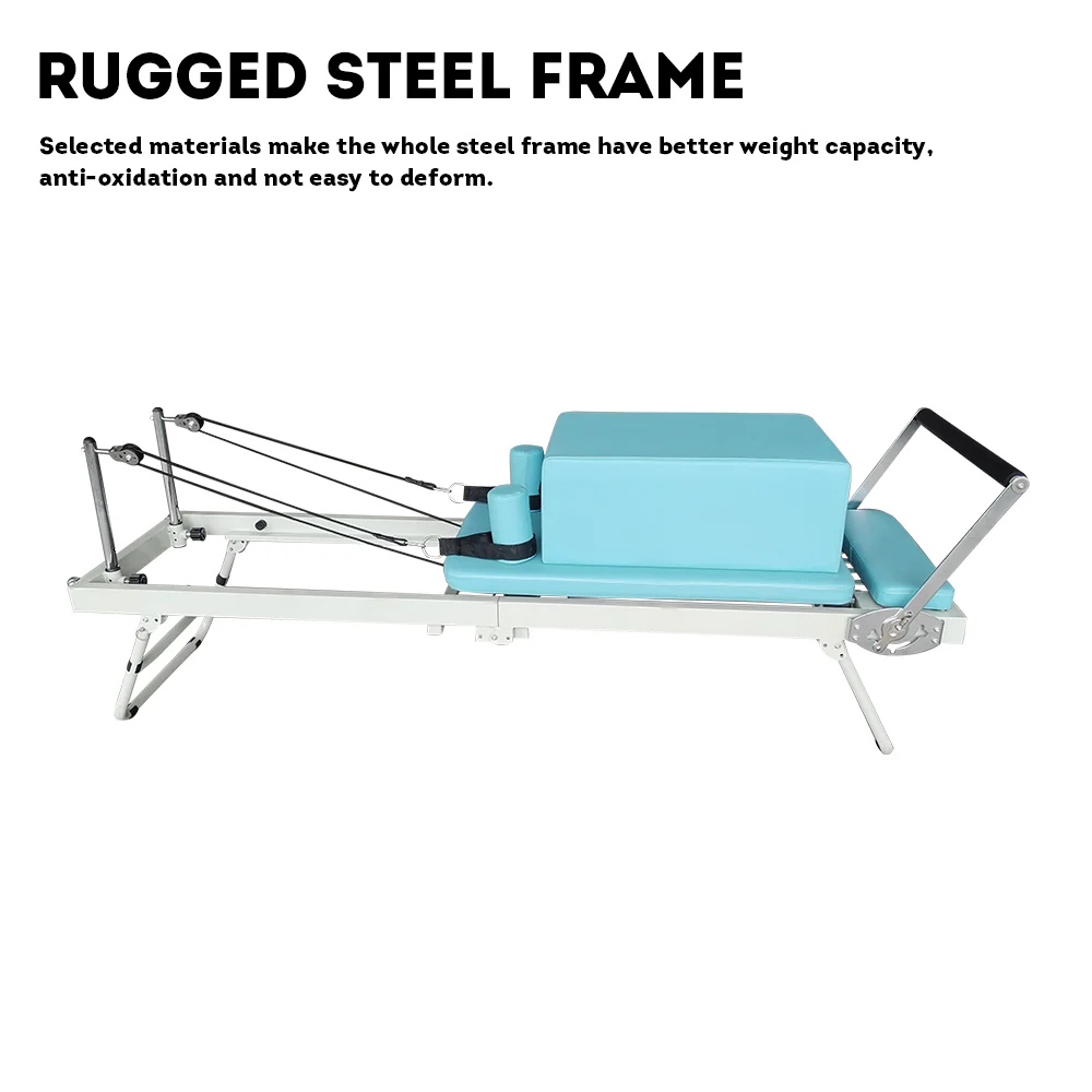 FLEXIO Multi-purpose Foldable Steel Frame Pilates Reformer Pilates Tables With Square Box - Blue Home Gym - Image 10