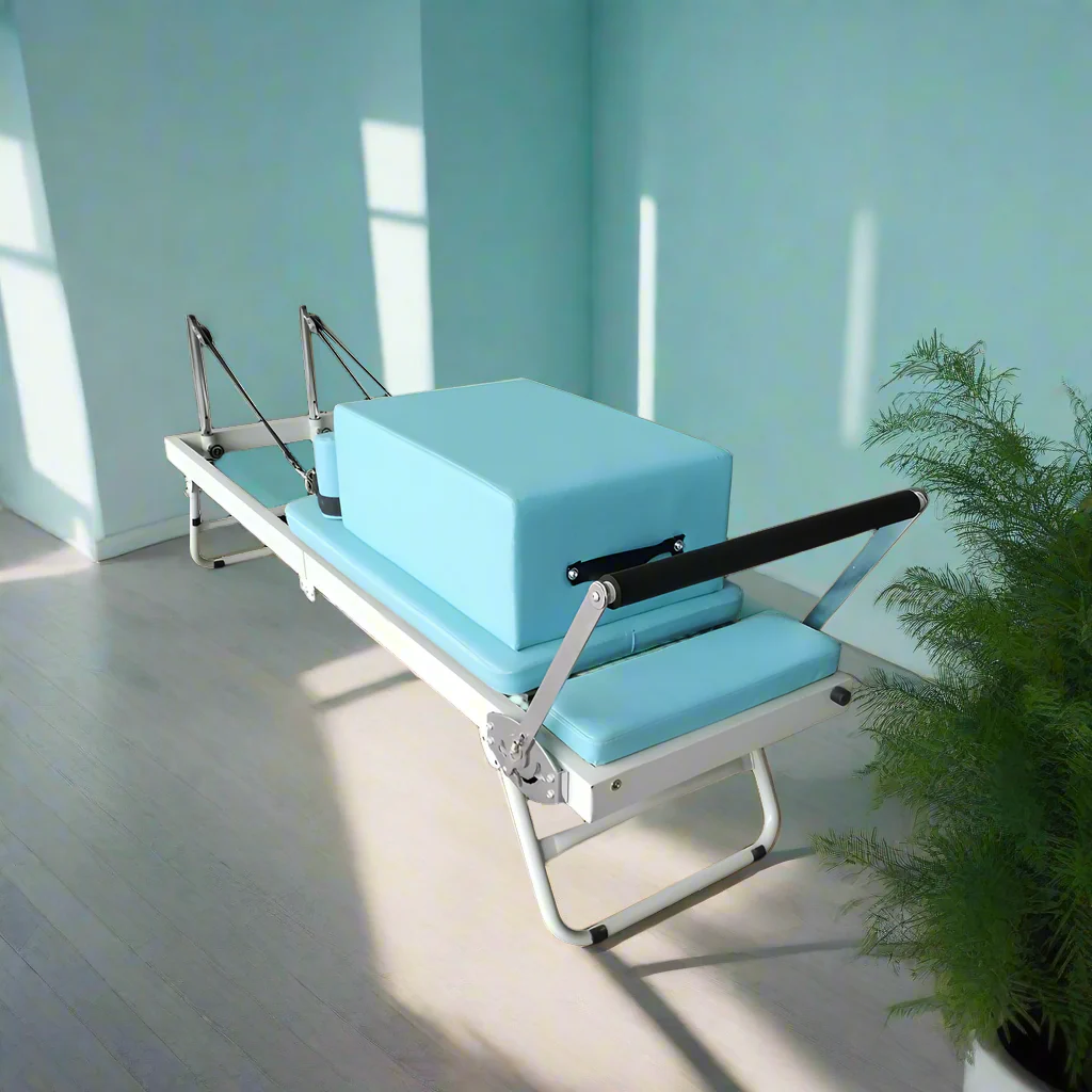 FLEXIO Multi-purpose Foldable Steel Frame Pilates Reformer Pilates Tables With Square Box - Blue Home Gym - Image 3