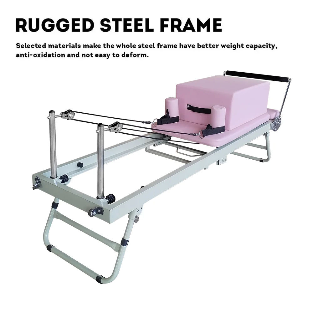 FLEXIO Multi-purpose Foldable Steel Frame Pilates Reformer Pilates Tables With Square Box - Pink Home Gym - Image 11