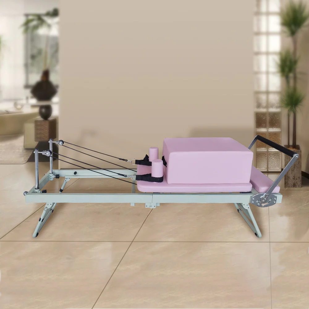 FLEXIO Multi-purpose Foldable Steel Frame Pilates Reformer Pilates Tables With Square Box - Pink Home Gym - Image 2