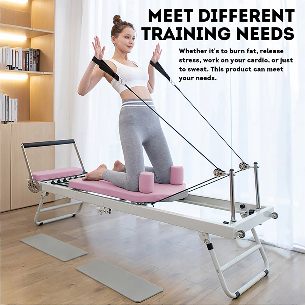 FLEXIO Multi-purpose Foldable Steel Frame Pilates Reformer Pilates Tables-Pink Home Gym - Image 4