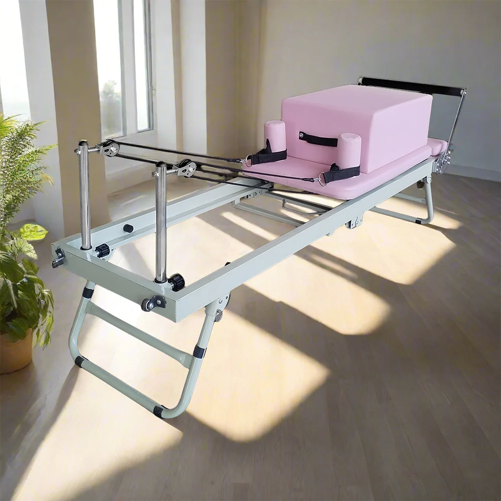 FLEXIO Multi-purpose Foldable Steel Frame Pilates Reformer Pilates Tables With Square Box - Pink Home Gym - Image 7