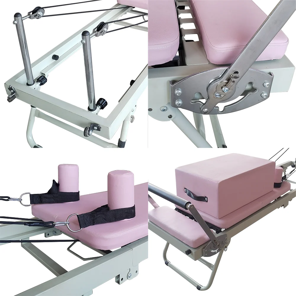 FLEXIO Multi-purpose Foldable Steel Frame Pilates Reformer Pilates Tables With Square Box - Pink Home Gym - Image 9