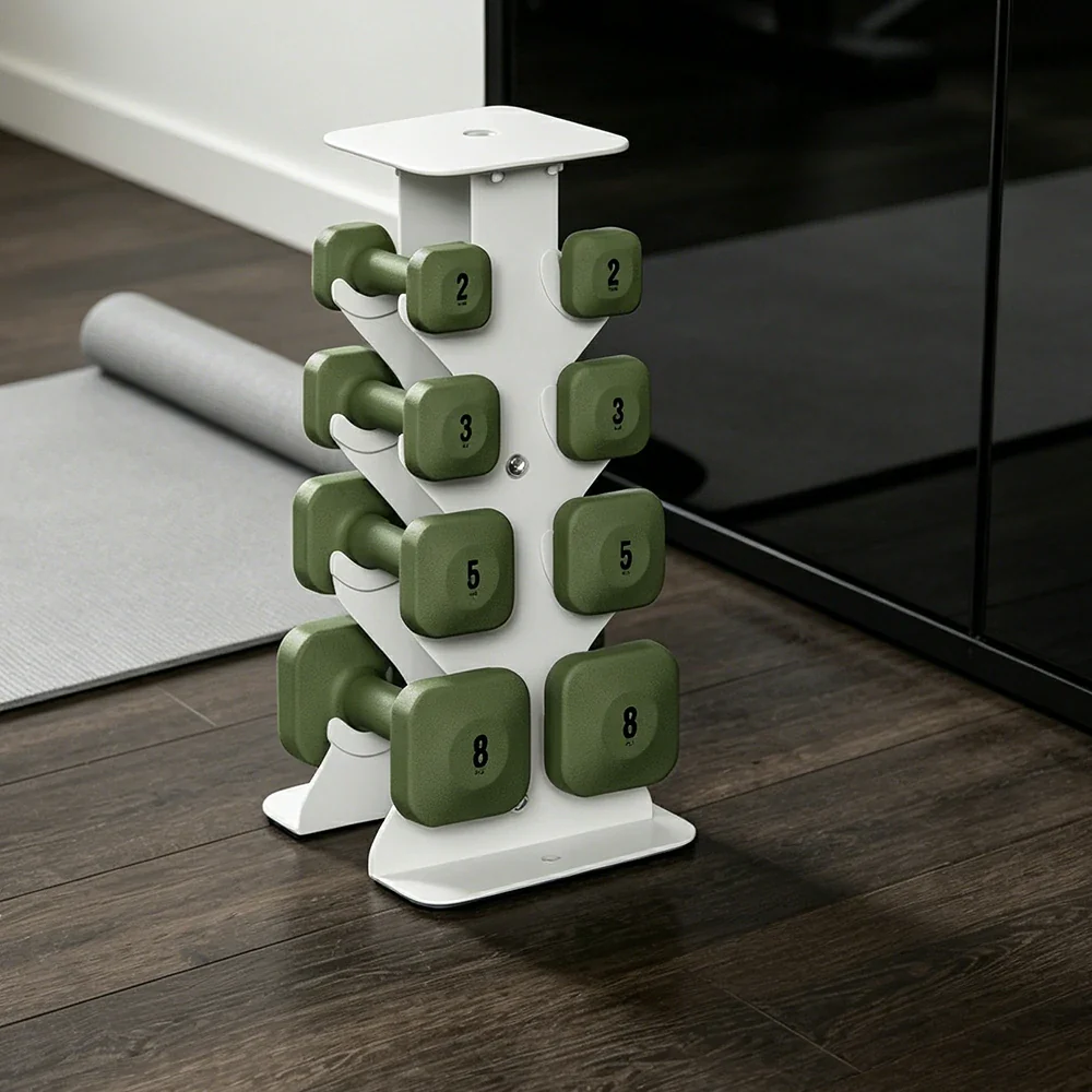 FITPRO Dumbbell Rack Set with 4 Pairs of Dumbbells and Vertical Storage for Small-Space Home Fitness - Beige&Green - Image 2