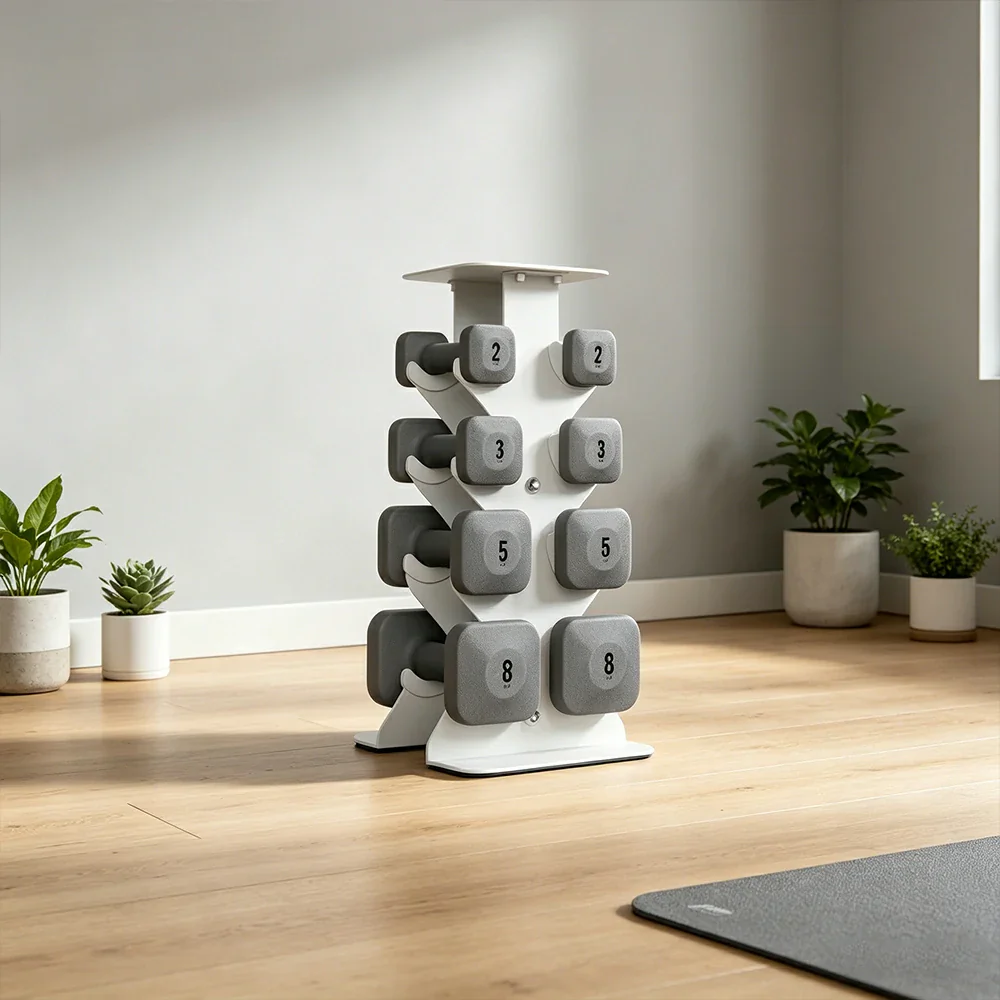 FITPRO Dumbbell Rack Set with 4 Pairs of Dumbbells and Vertical Storage for Small-Space Home Fitness - Beige&Grey - Image 2
