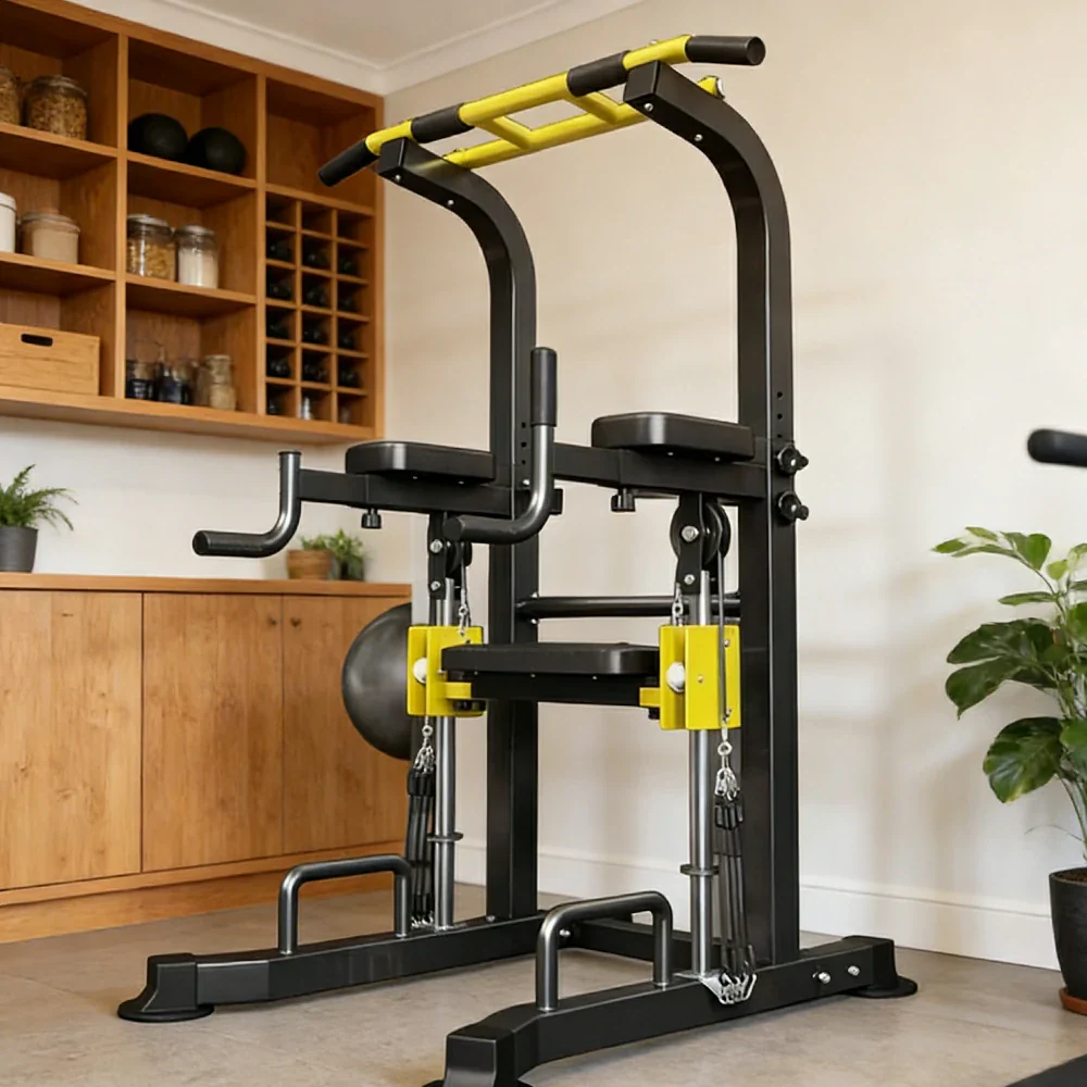 FITPRO Power Tower Pull Up Bar Station Adjustable Height Heavy Duty Steel Frame Multi-Function Strength Training Home Gym - Black&Yellow - Image 4