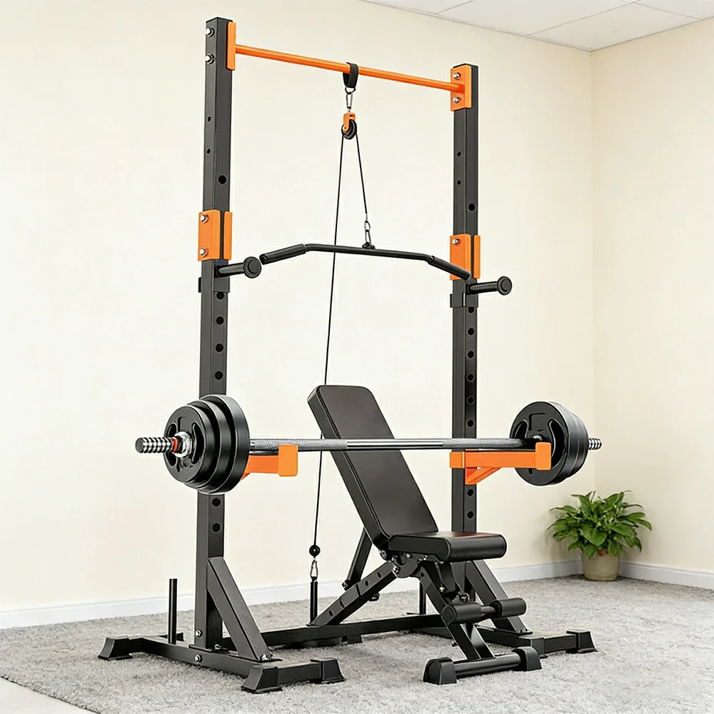 FITPRO Power Rack Home Gym Set Full Body Training System Adjustable Bench Barbell Compact Garage Fitness - Black&Orange - Image 11