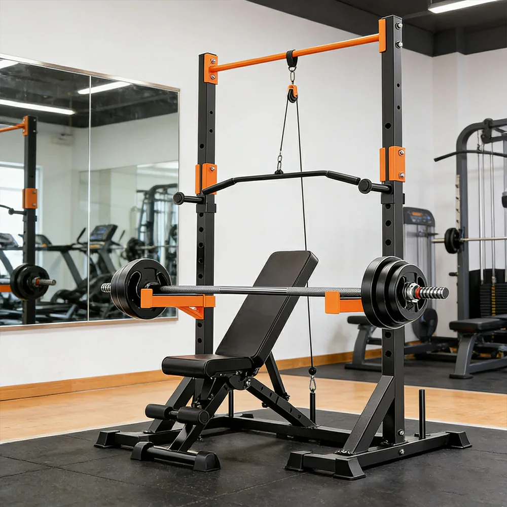 FITPRO Power Rack Home Gym Set Full Body Training System Adjustable Bench Barbell Compact Garage Fitness - Black&Orange - Image 15
