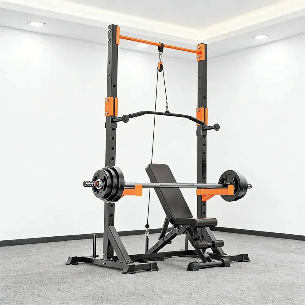 FITPRO Power Rack Home Gym Set Full Body Training System Adjustable Bench Barbell Compact Garage Fitness - Black&Orange - Image 16