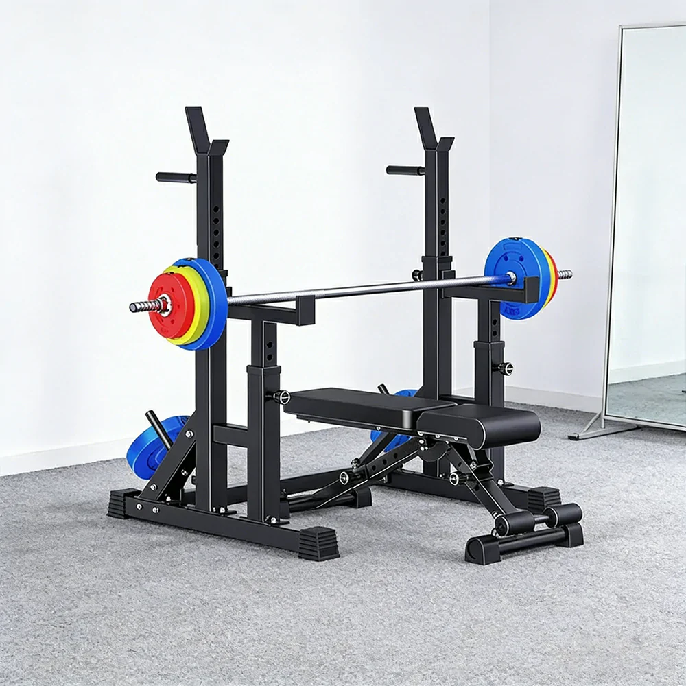 FITPRO Adjustable Squat Rack Barbell Stand Foldable 350kg Capacity with 50kg Colour Eco Barbell Home Gym Training - Black - Image 4
